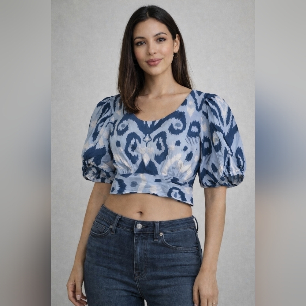 Blue Ikat Puff Sleeve Crop Top with Back Button Closure – Boho Chic